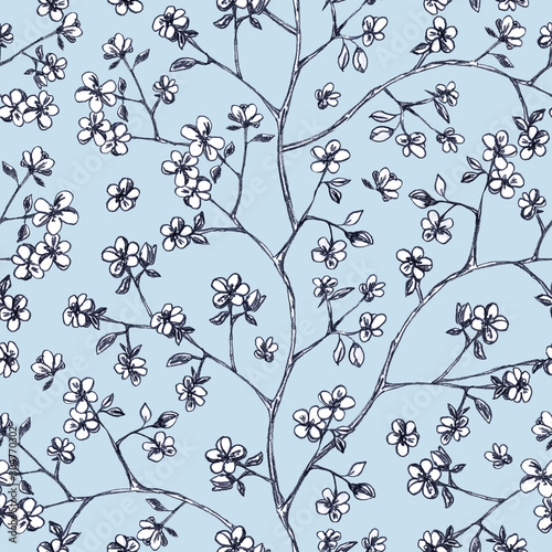 Cherry flowers on branch, hand drawn - seamless pattern with blossom on blue