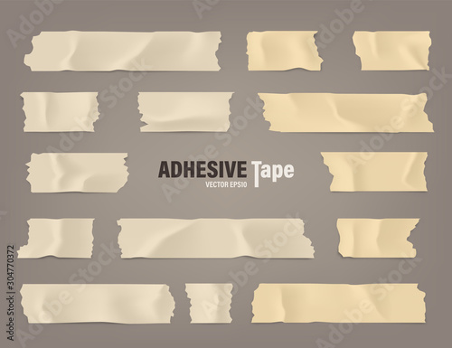 Realistic adhesive tape set. Sticky scotch, duct paper strips on brown background. Vector illustration.