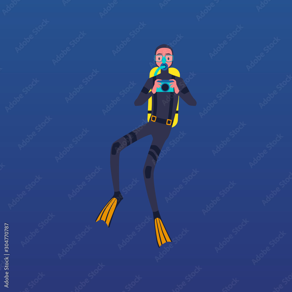 Cartoon scuba diver holding camera and taking picture underwater Cartoon scuba diver holding camera and taking picture underwater