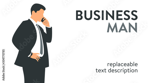 Vector illustration of a businessman talking on the phone. Poster with text placeholder and description