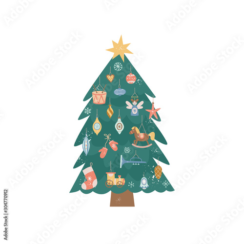 Decorated vintage Christmas tree with colorful retro ornaments
