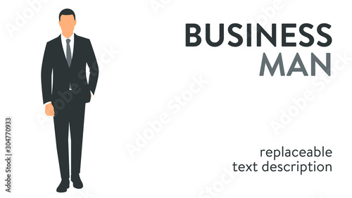 Vector illustration of a successful man in a suit standing with hand in the pocket. Poster with text placeholder and description