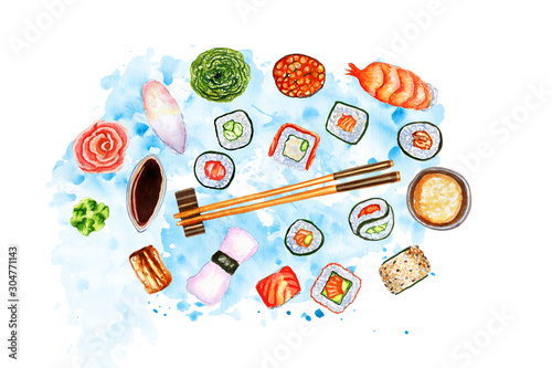 Watercolor horizontal flatlay composition with Japanese sushi and rolls