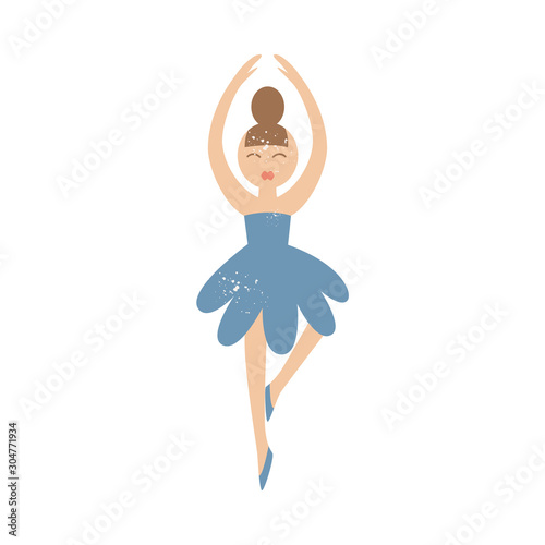Cute cartoon ballerina in blue dress standing in elegant ballet pose