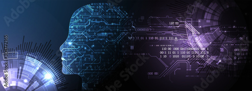 Artificial intelligence (AI) and big data concept. Machine cyber mind.  Humen face with binary data flow. Technology vector background.
