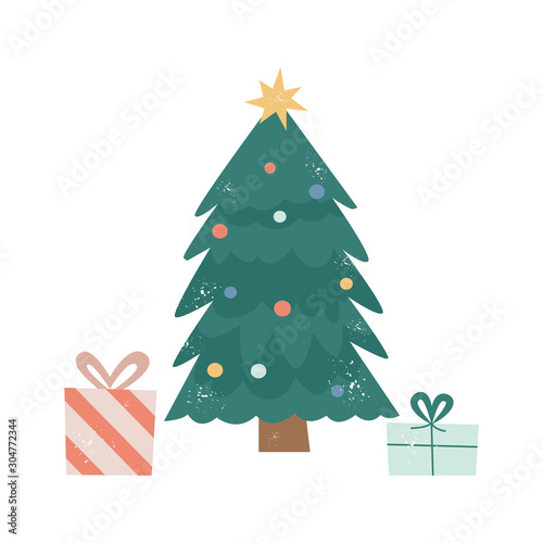 Cute cartoon Christmas tree with present boxes underneath photo