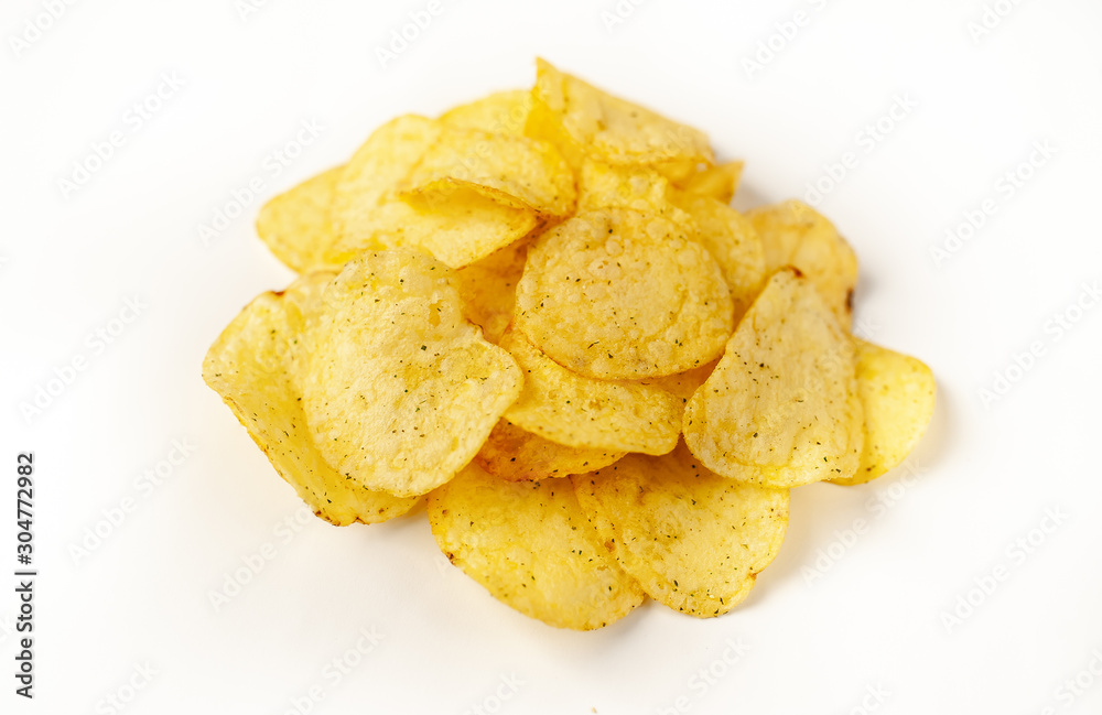 potato chips in a bowl, beer snacks on a white background