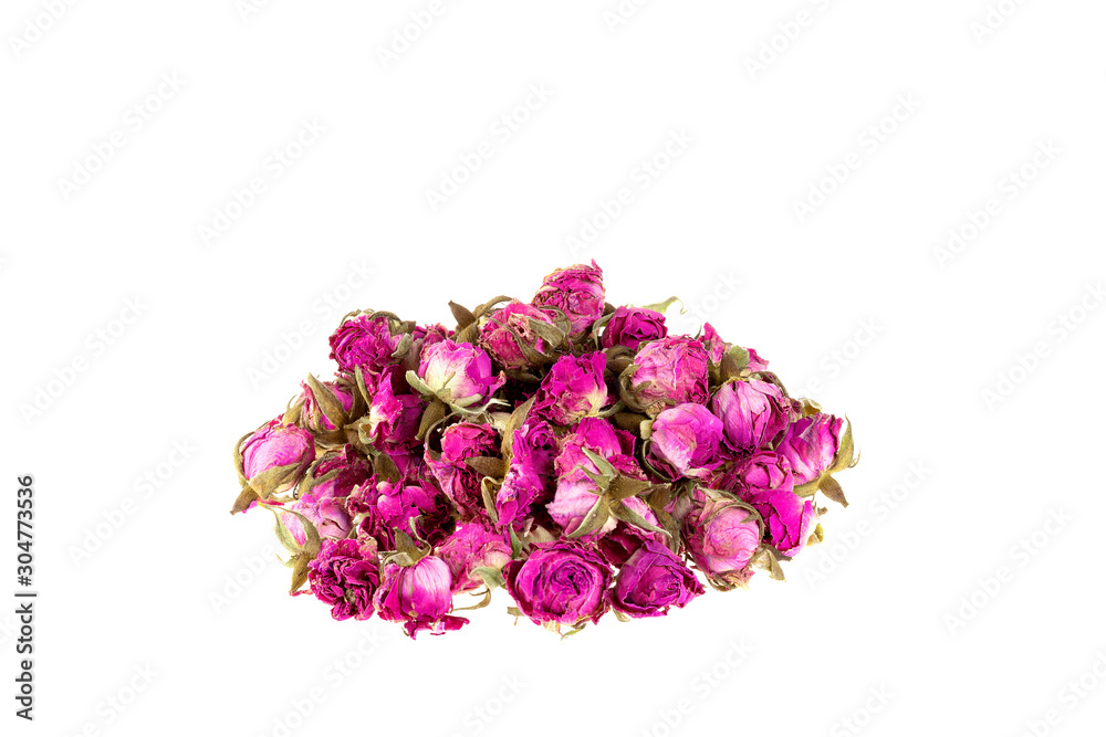 Pile of dried Rose, Rosa Damascena flower isolated on white background