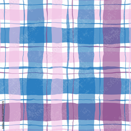 Vector checkered seamless pattern in pink and blue colors on white background. Hand drawn textured repeat plaid design.