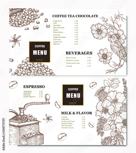 Coffee illustration. Hand drawn vector banner. Coffee beans, coffee machine, flowers, Menu