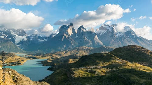 Timelapse view of Cuernos del Paine from Mirador Condor at Patagonia, Chile photo