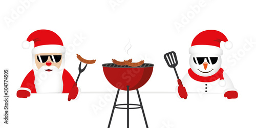 cute santa claus and snowman with sunglasses at christmas bbq vector illustration EPS10
