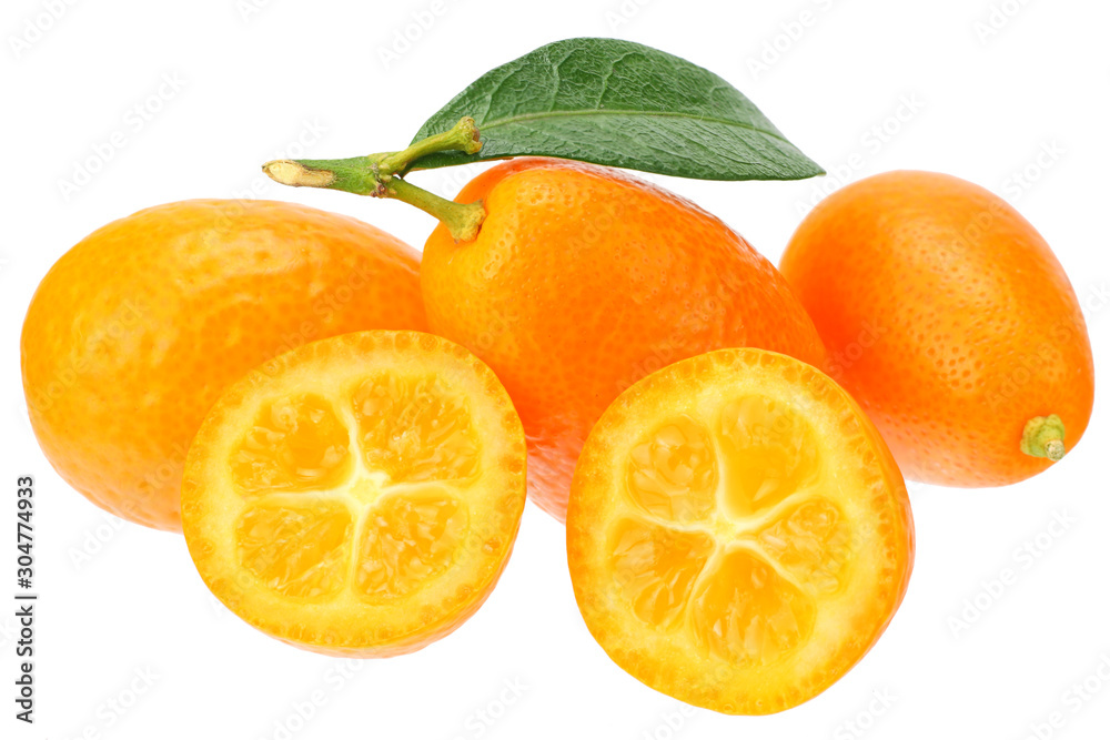 Cumquat or kumquat with slices and leaves isolated on white background Cumquat or kumquat with slices and leaves isolated on white background