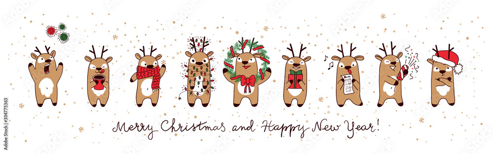 Fototapeta premium Christmas deers. Merry christmas and Happy New Year, funny holiday banner. Vector illustration.