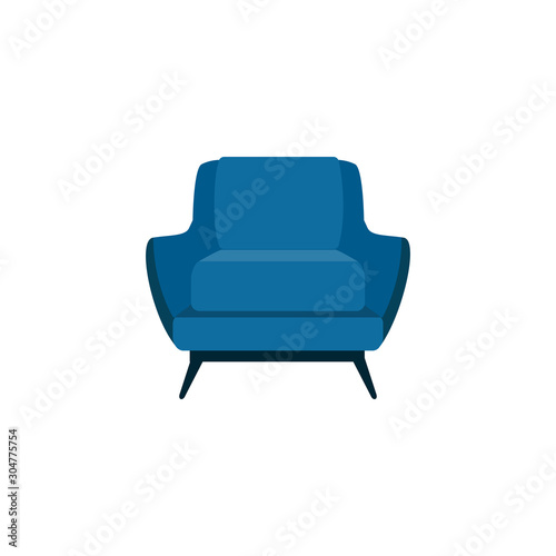 Flat cartoon blue armchair isolated on white background