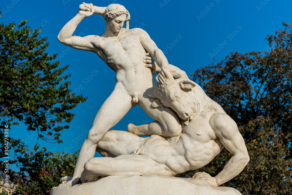 Hercules and Minotaur statue in Tuileries Gardens, a public garden located between the Louvre and the Place de la Concorde