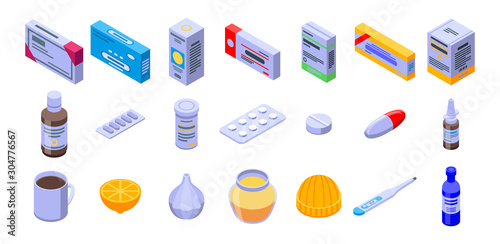 Flu icons set. Isometric set of flu vector icons for web design isolated on white background