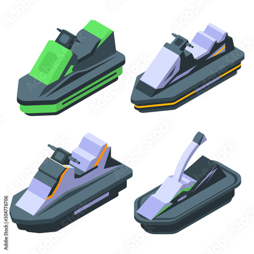 Jet ski icons set. Isometric set of jet ski vector icons for web design isolated on white background