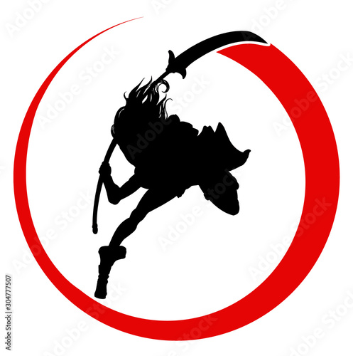 Black silhouette warrior girls with Eastern halberd naginata, makes a circular incision describing a beautiful red circle . 2D illustration.
