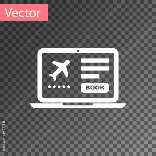 White Laptop with electronic boarding pass airline ticket icon isolated on transparent background. Passenger plane mobile ticket for web and app. Vector Illustration