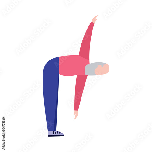 Old man standing in windmill yoga pose stretching his back