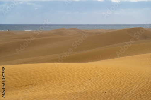 Amazing sand dunes during sunny and windy day in the Natural Reserve of Dunes of Maspaloma in Gran Canaria with sand dust and ocean in background  Canary Islands  Spain