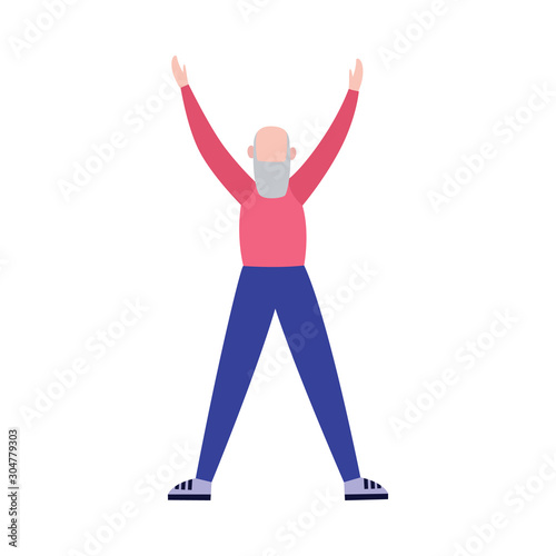 Old man doing stretching workout in sport clothes - cartoon vector illustration