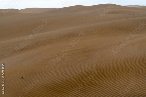 Amazing sand dunes during sunny and windy day in the Natural Reserve of Dunes of Maspaloma in Gran Canaria with sand dust  Canary Islands  Spain