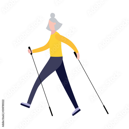 Old cartoon woman walking with nordic walk sticks - active female senior