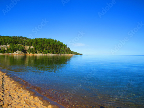 Landscape of shore and ocean  in the Penouille sector of Forillon National Park  Gaspe Peninsula  Quebec  Canada.  Gulf of St. Lawerence river.