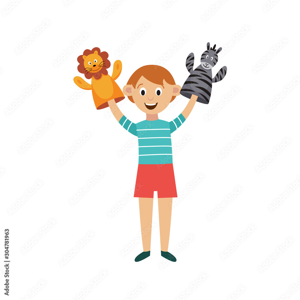 Child performs puppet-show with hands puppets, flat vector illustration isolated. Child performs puppet-show with hands puppets, flat vector illustration isolated.