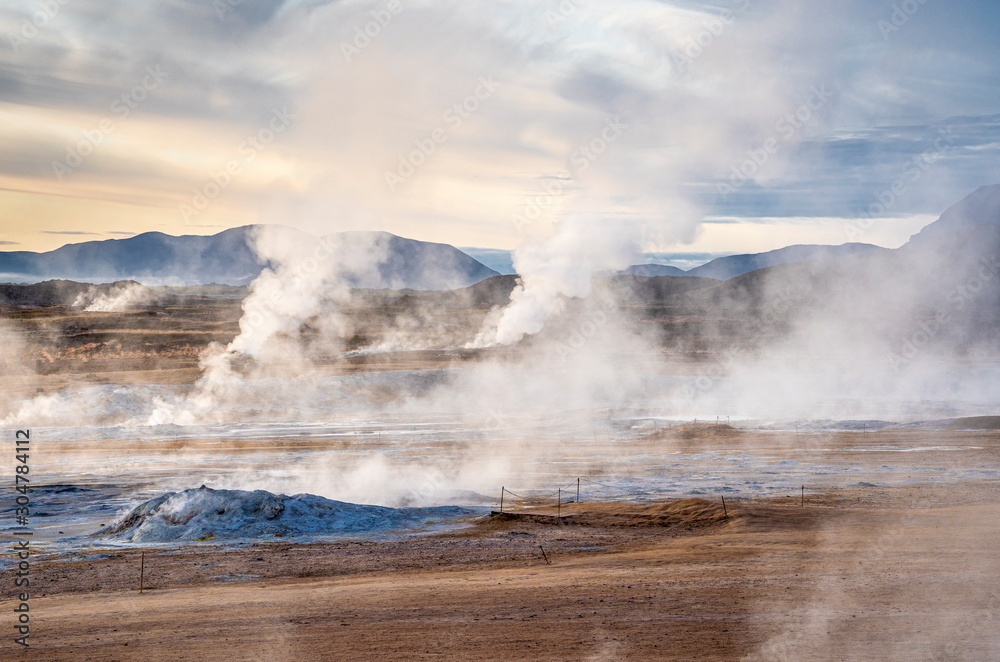 steaming mud holes and solfataras in the geothermal area of Hverir near lake Myvatn, northern Iceland steaming mud holes and solfataras in the geothermal area of Hverir near lake Myvatn, northern Iceland