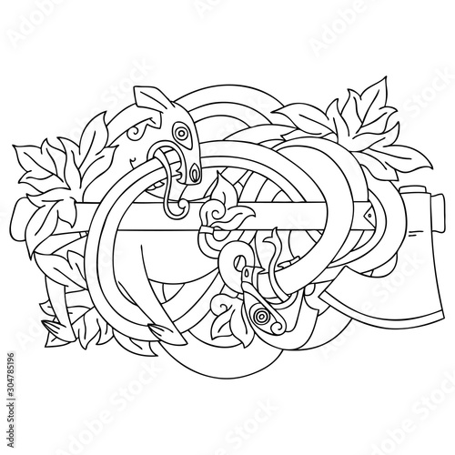viking tattoo of a dog fighting a serpent