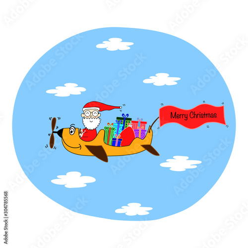 Draw Funny Santa driving airplane carry gifts for Christmas day and new year day, Holiday concept, Hand draw doodle cartoon style.