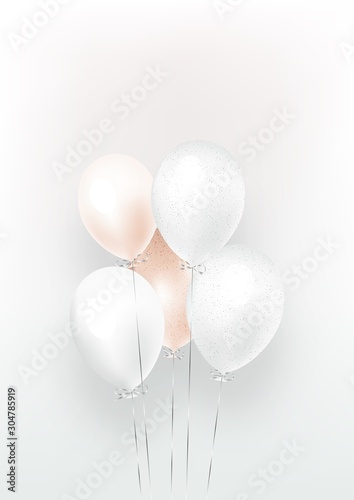 Background with festive realistic balloons with ribbon. Celebration design with baloon, color pink and white, studded with sparkles.