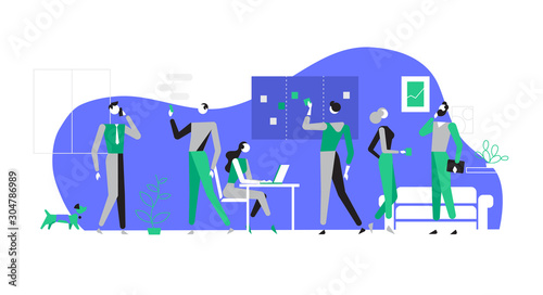 Coworkers doing their everyday office activities, collegues at work in casual atmosphere - Vector