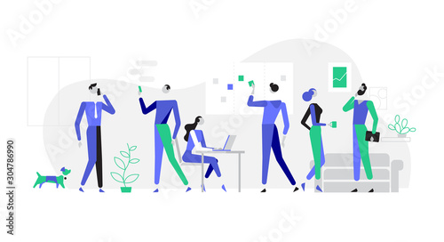 Coworkers doing their everyday office activities, collegues at work in casual atmosphere - Vector
