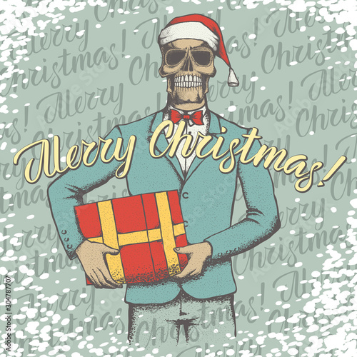 Vector Christmas skull with gift illustration