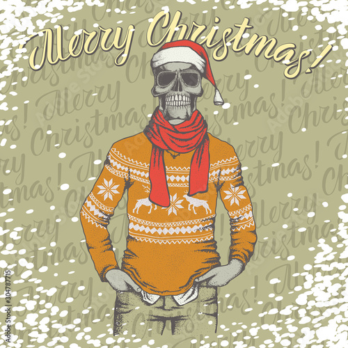 Vector Christmas skull with gift illustration