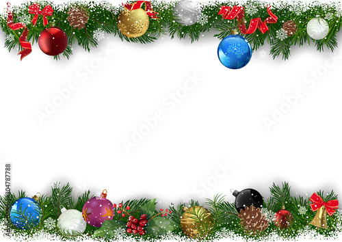 Christmas Background with Decorated Branches of Christmas Tree - Snowy Green ...