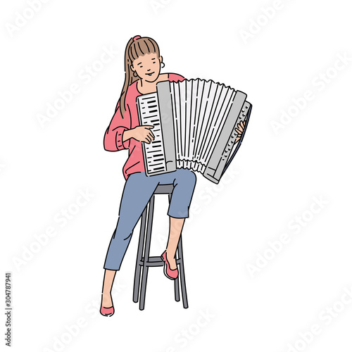 Young woman playing accordion sitting on a chair - isolated drawing