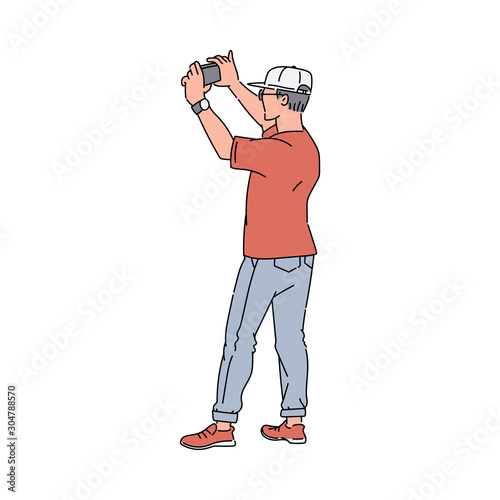 Hand drawn man taking a photo on his phone seen from back view