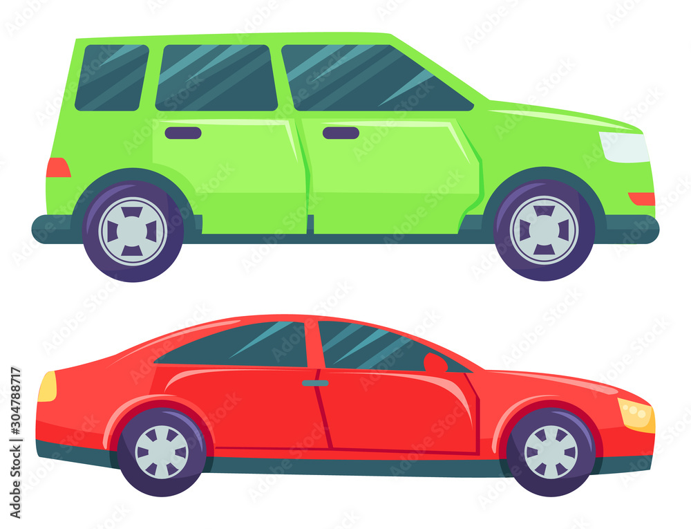 Two cars isolated on white background. Green large minivan or multi purpose vehicle. Red small hatchback or sedan. Auto to drive and get your destination quickly. Vector illustration in flat style