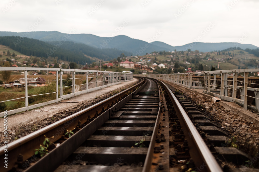 railway track in the Carpathian Mountains. railway sleepers