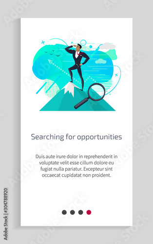 Searching for opportunities vector, businessman wearing suit and formal wear, person standing on mountain peak magnifying glass zooming image. Website or app slider, landing page flat style