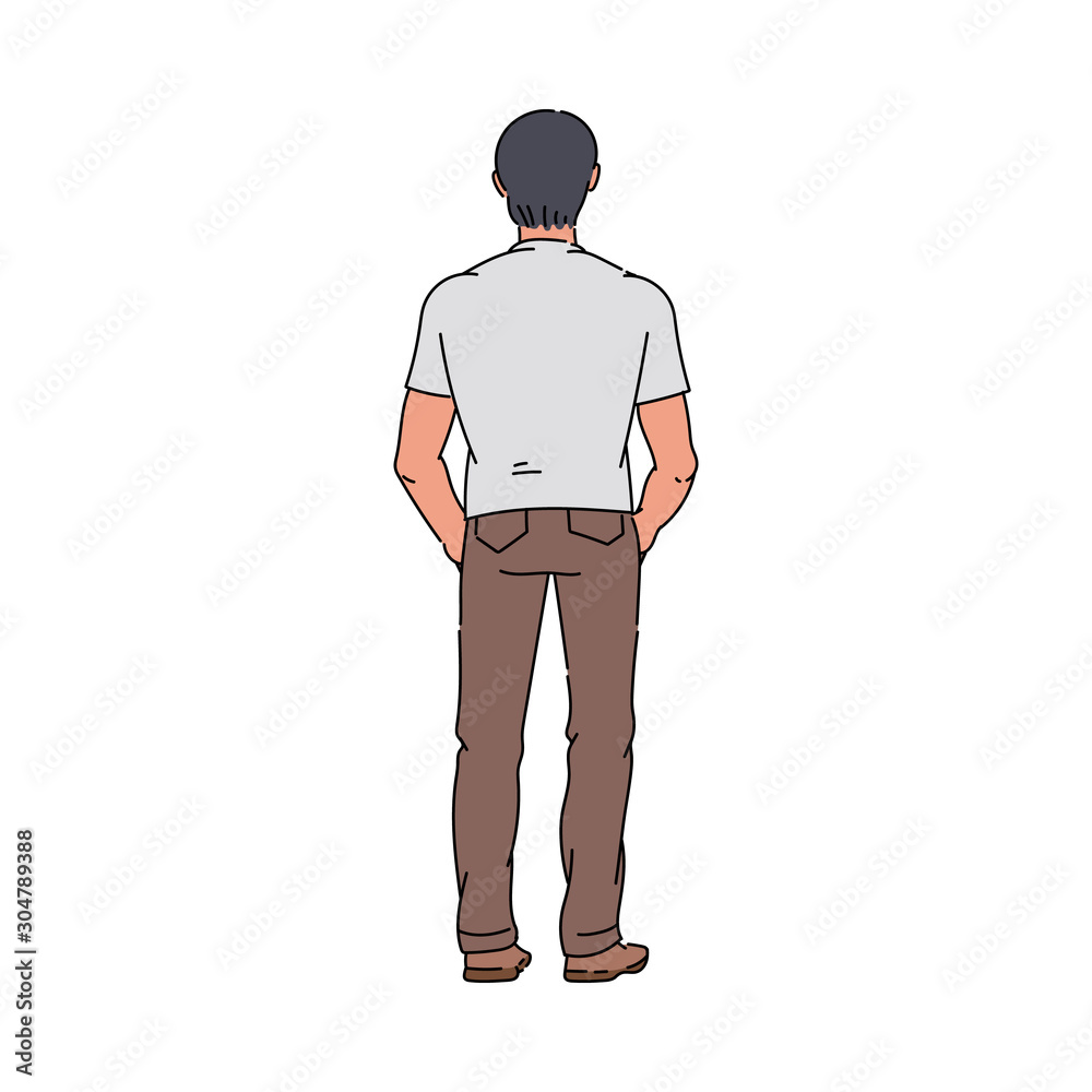 Hand drawn cartoon man from back view - young male character standing