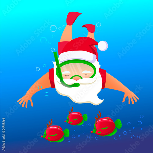 Santa Claus in snorkeling mask and red Christmas Santa hat under water with colorful reindeer fish. Xmas and Happy NewYear!