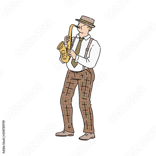 Saxophone player, musician man vector illustration in sketch style isolated.