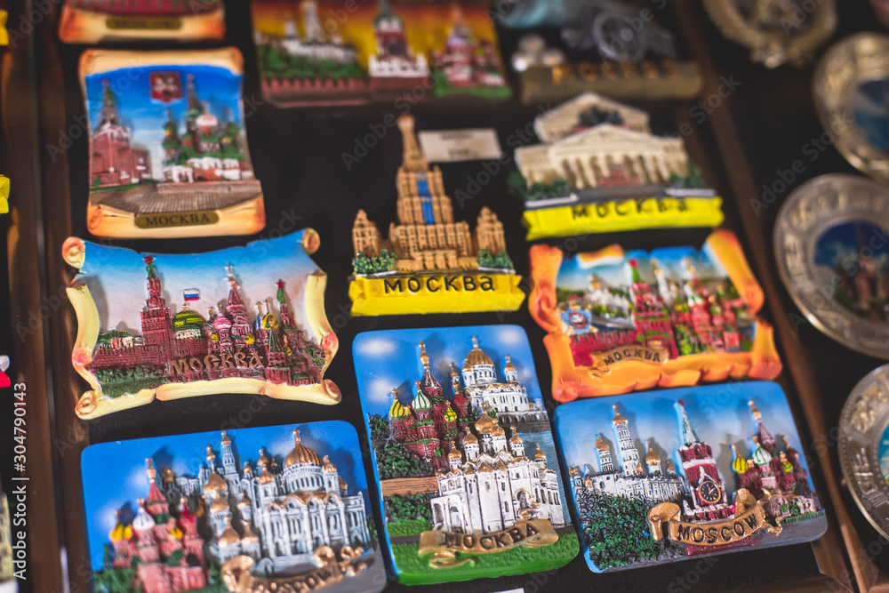 View of traditional souvenirs from Moscow, Russia, with fridge magnets with 