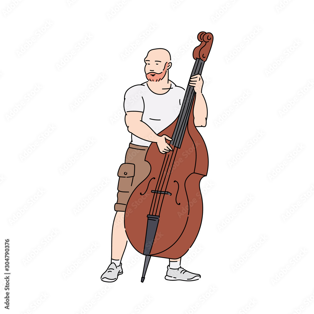 Φωτογραφία Cartoon man playing music on big double bass or cello - isolated street musician